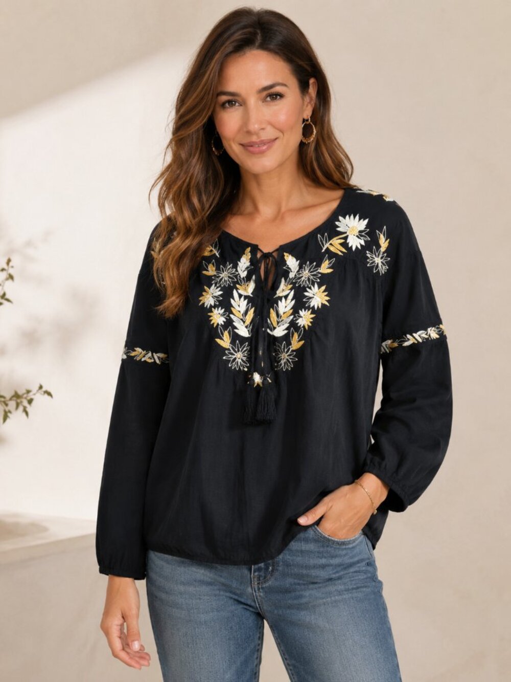 Tory Burch Sz 10 Blue Floral Embroidered Tie Neck Blouse Boho Peasant Top